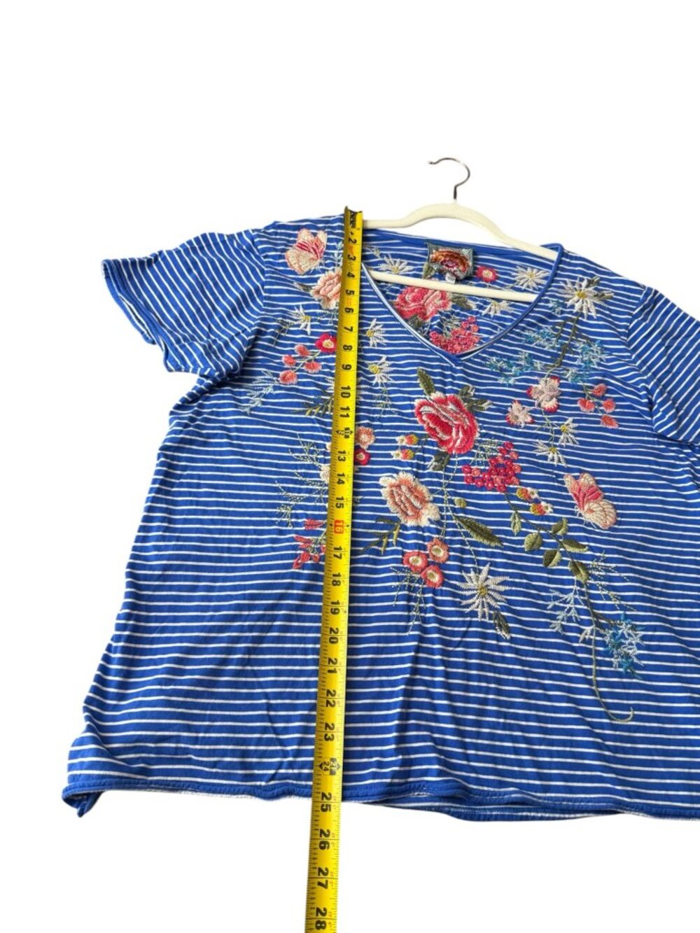 Johnny Was Catalina Everyday Tee Embroidered Floral Stripe V-Neck Tee Blue XL - Picture 8 of 11